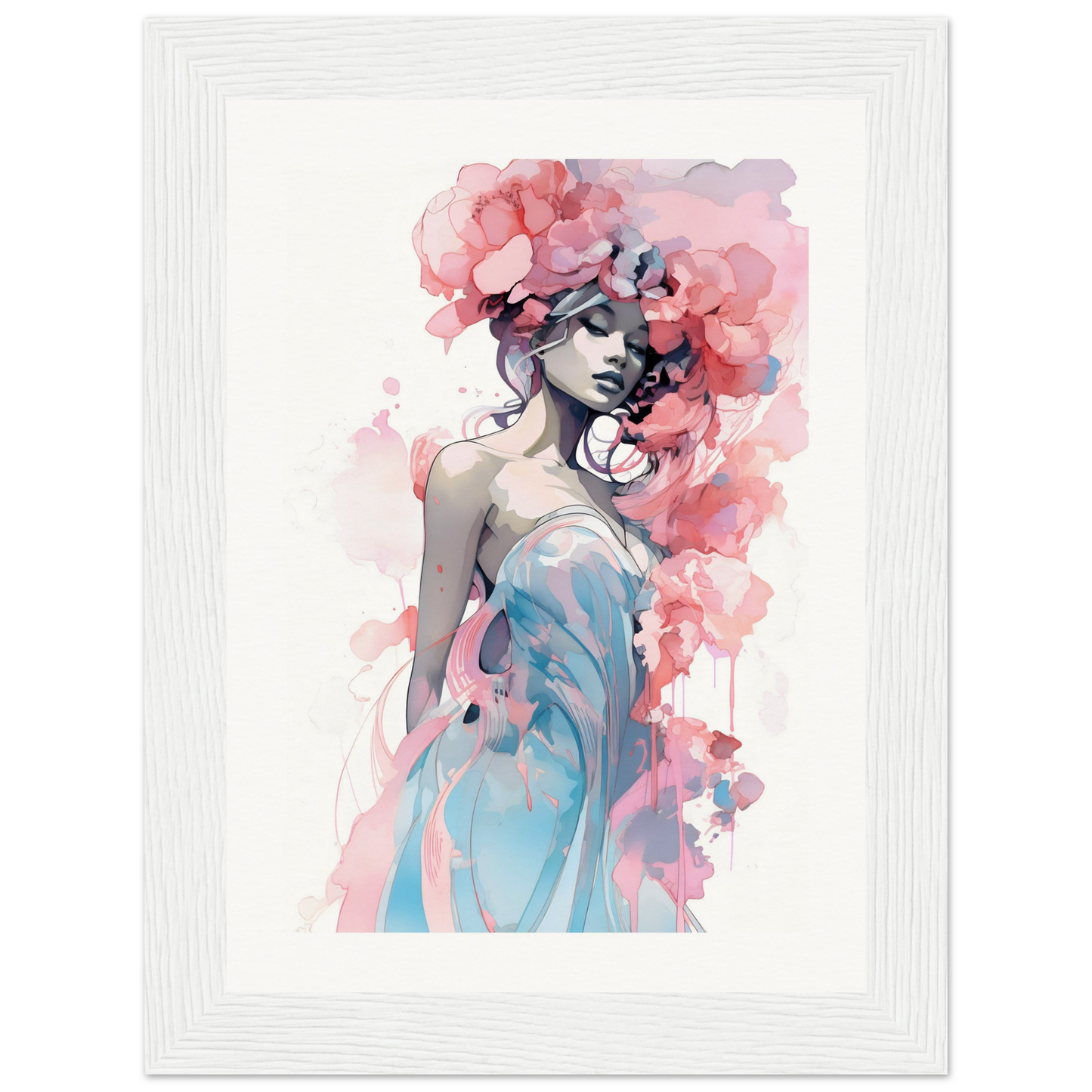 Watercolor-style painting of a woman with pink floral elements in her hair and a blue dress.