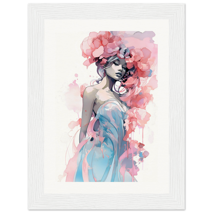 Watercolor-style painting of a woman with pink floral elements in her hair and a blue dress.