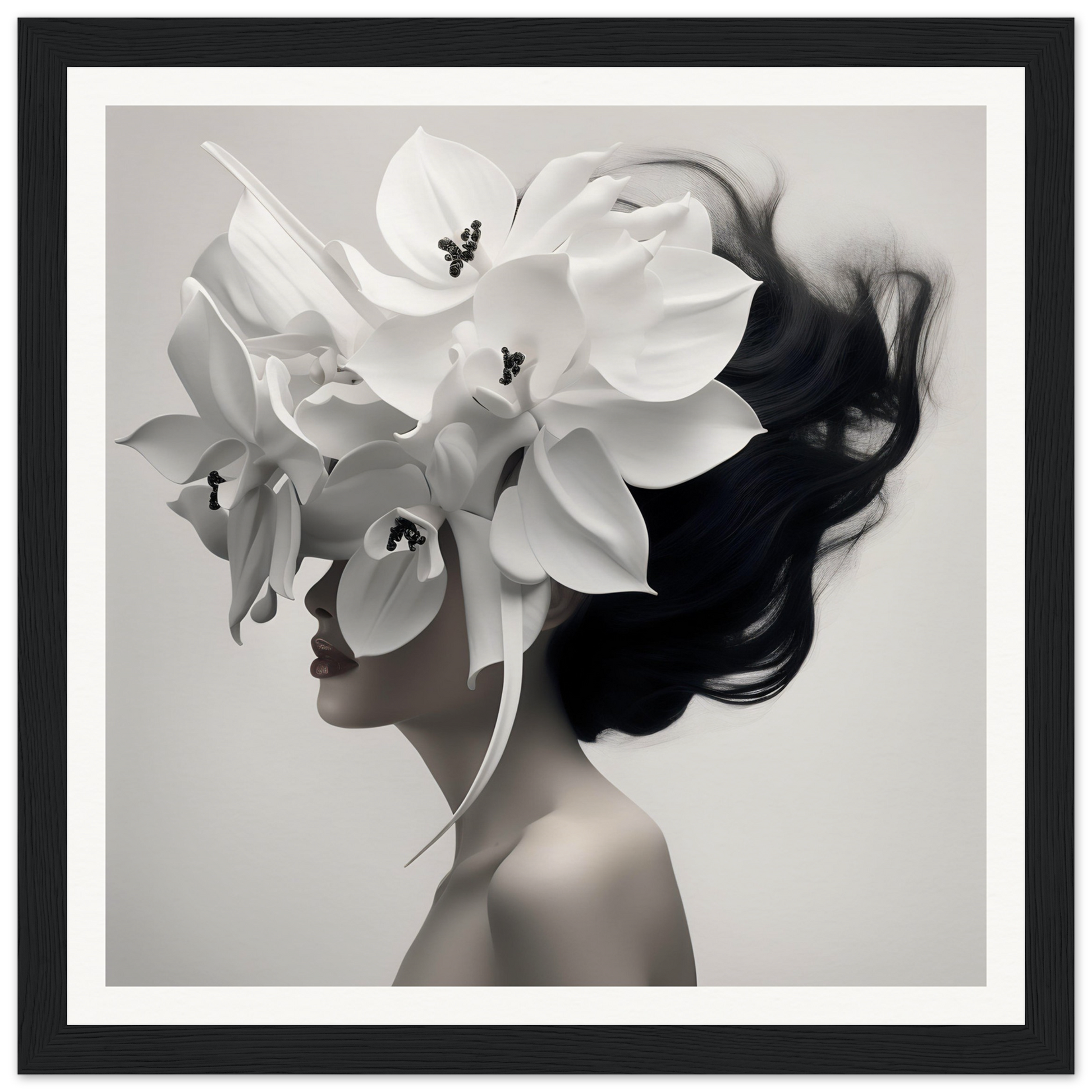 Artistic portrait combining a woman’s silhouette with oversized white orchid blossoms.