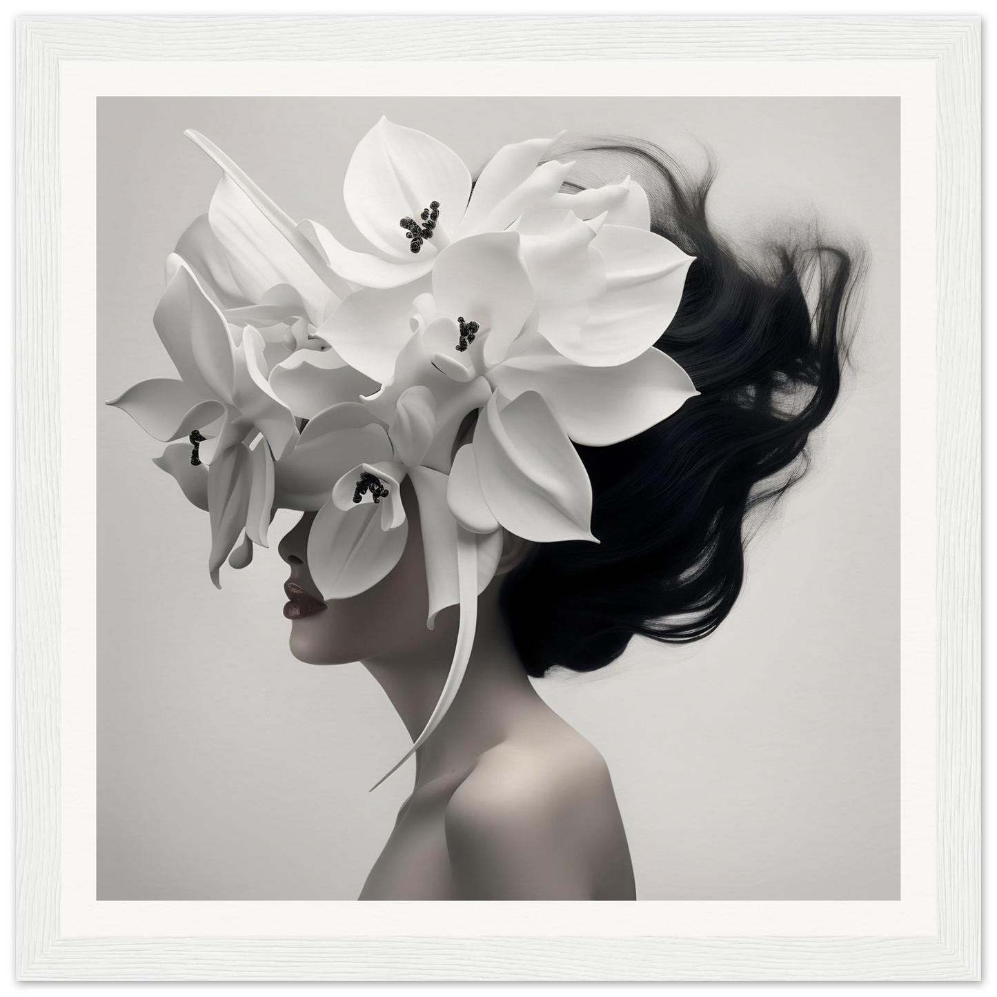 Artistic portrait featuring a figure adorned with oversized white orchids as a headdress.