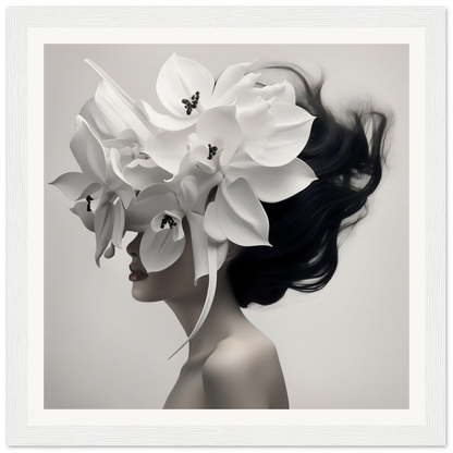 Artistic portrait featuring a figure adorned with oversized white orchids as a headdress.