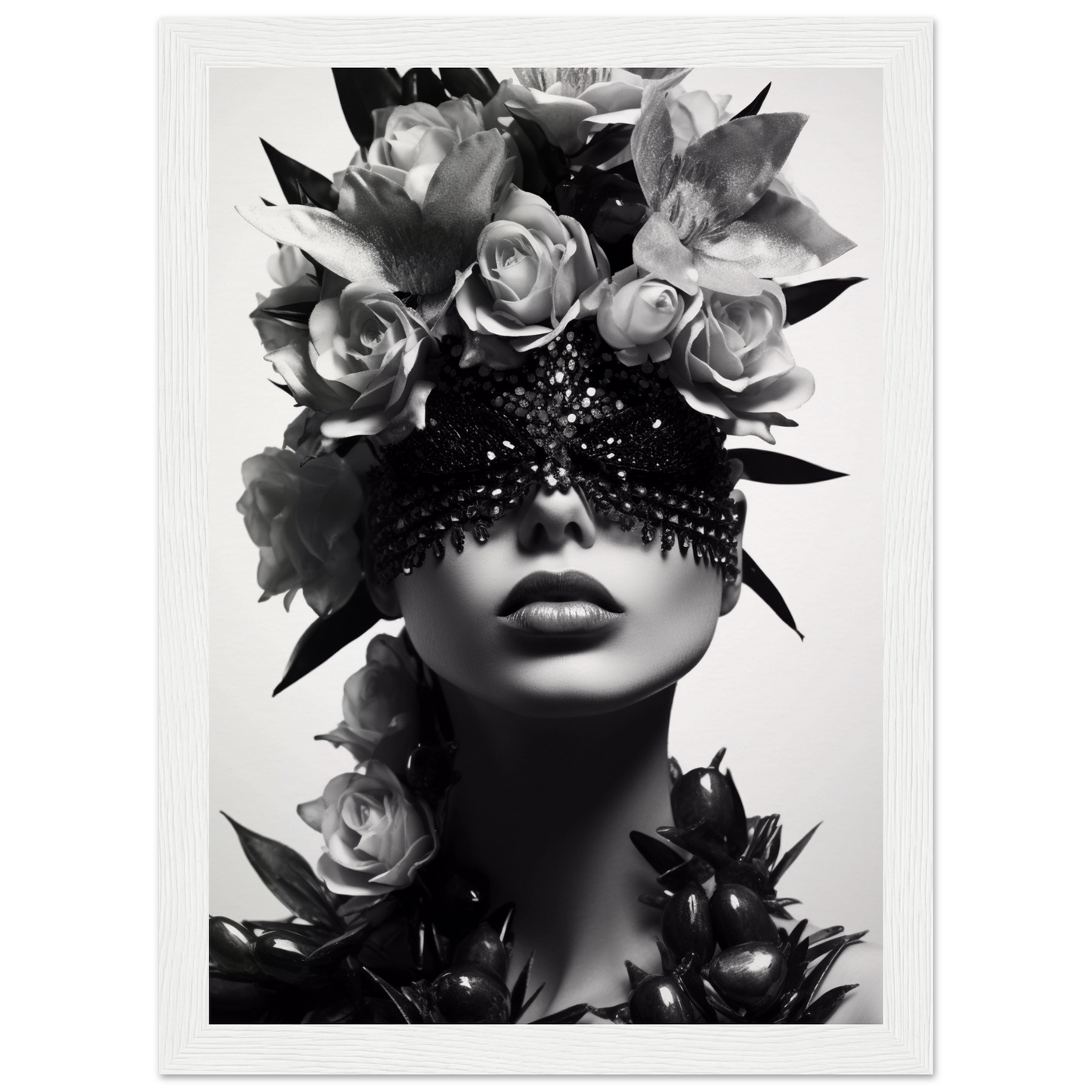 Artistic black and white portrait featuring a face adorned with roses and an ornate eye covering.