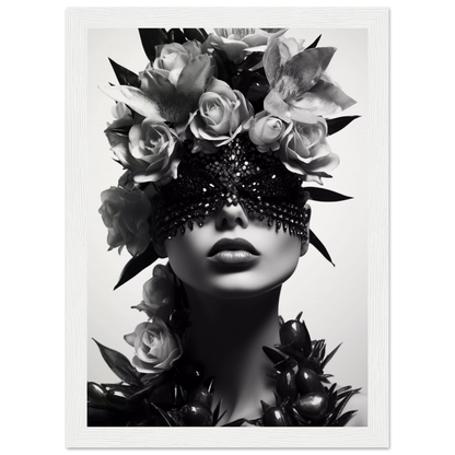 Artistic black and white portrait featuring a face adorned with roses and an ornate eye covering.