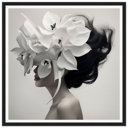 Artistic portrait blending a woman’s silhouette with white orchid flowers.