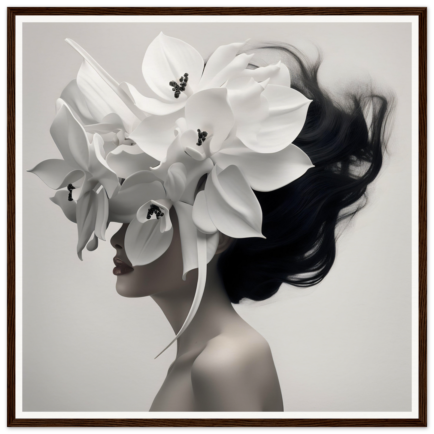 Artistic portrait blending a woman’s profile with white orchid blooms.