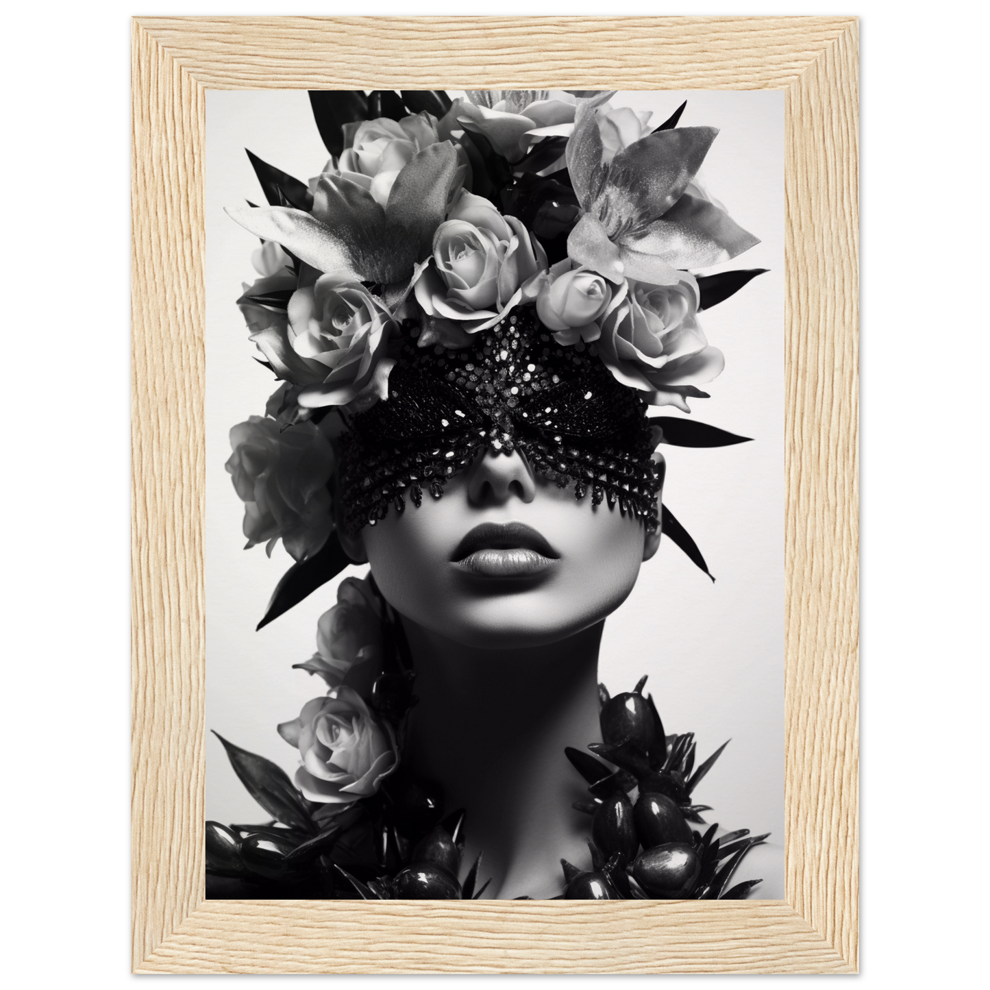 Black and white portrait of a figure adorned with roses and an ornate eye covering.