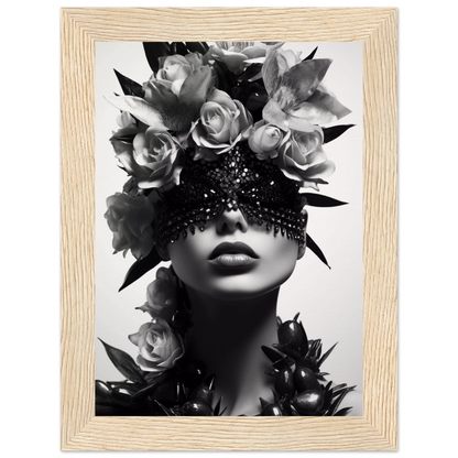 Black and white portrait of a figure adorned with roses and an ornate eye covering.