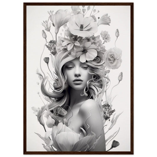 Black and white artistic portrait featuring a woman adorned with floral elements in her hair and surrounding her face.