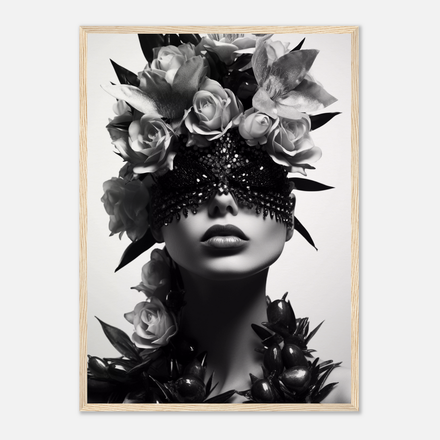 Artistic black and white portrait featuring roses and a beaded eye covering.