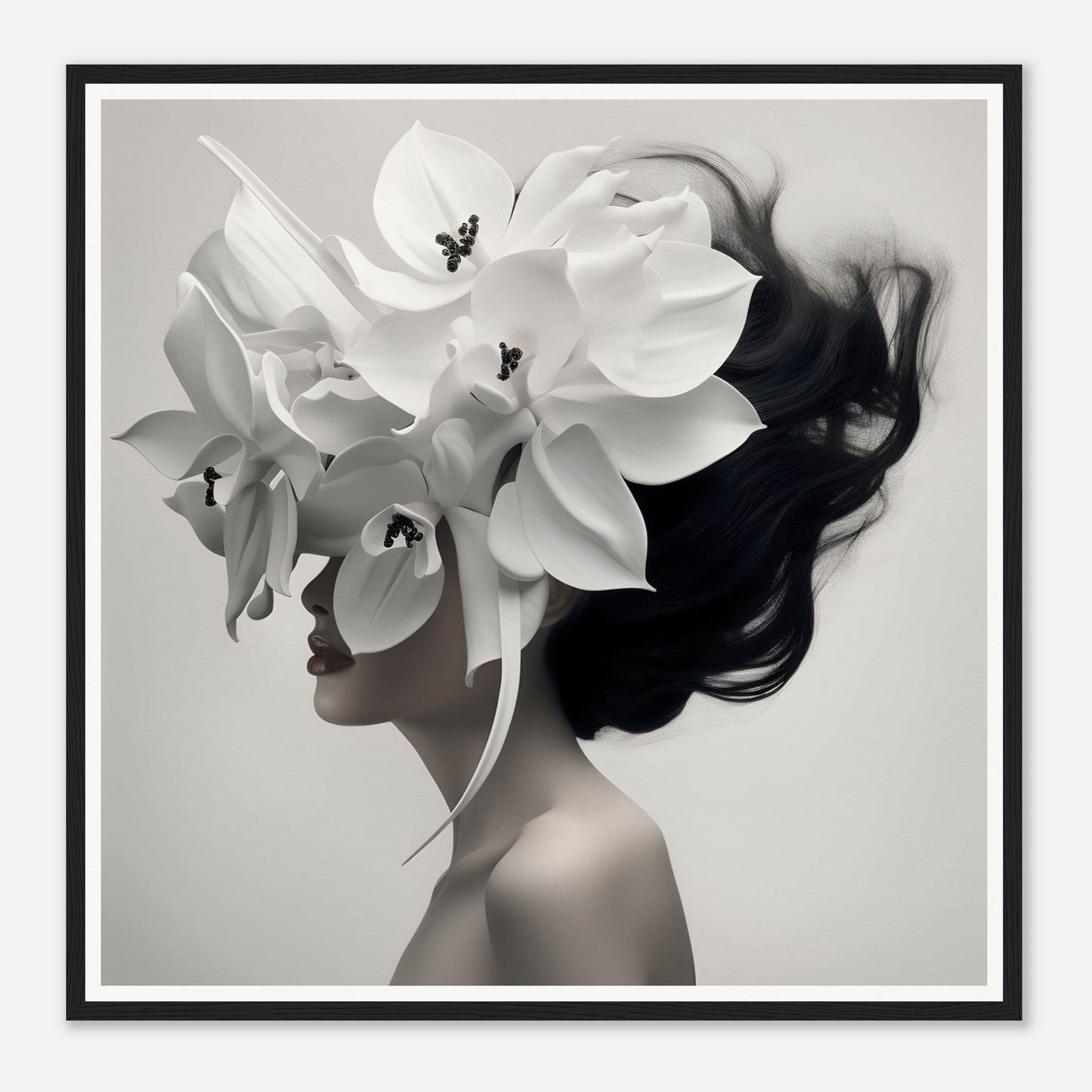 Artistic portrait combining a woman’s silhouette with oversized white orchid blooms as a headdress.