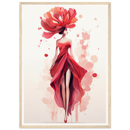 Stylized illustration of a woman in a flowing red dress with a floral-like headdress.