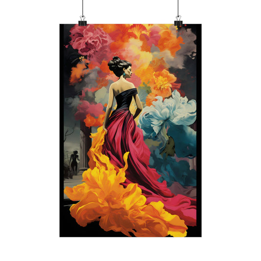 Elegant woman in a flowing dress composed of vibrant floral elements.