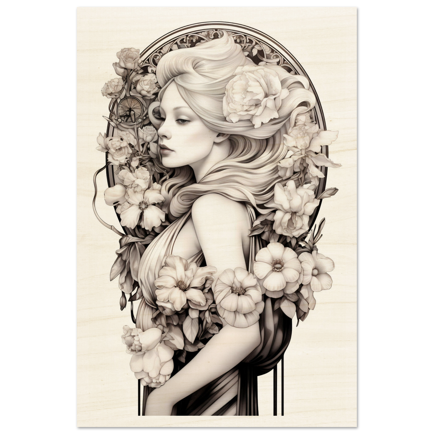 Elegant Art Nouveau-style portrait of a woman surrounded by ornate floral elements.