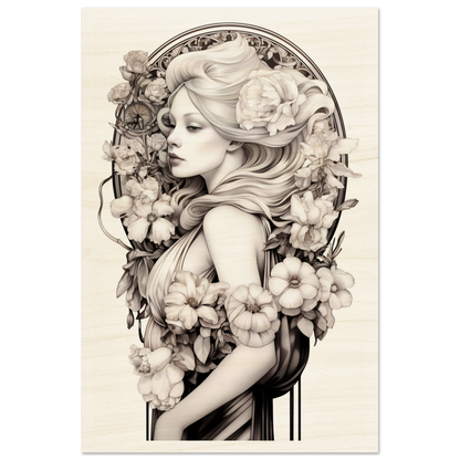 Elegant Art Nouveau-style portrait of a woman surrounded by ornate floral elements.