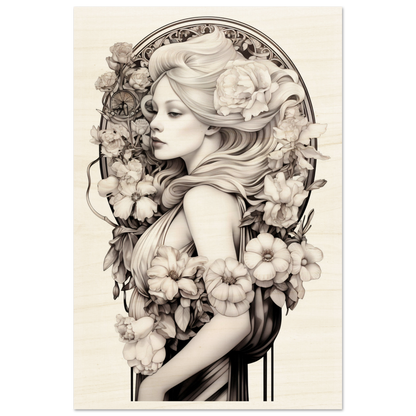 Portrait of a woman with flowing hair surrounded by ornate floral elements in a sepia-toned illustration style.