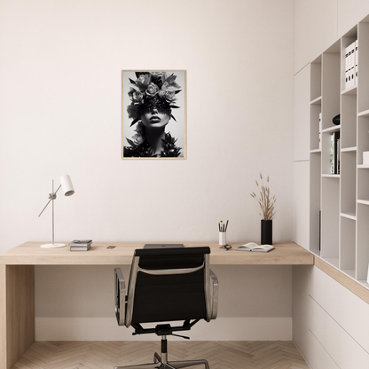 Minimalist home office workspace with a wooden desk, office chair, and artistic wall print.