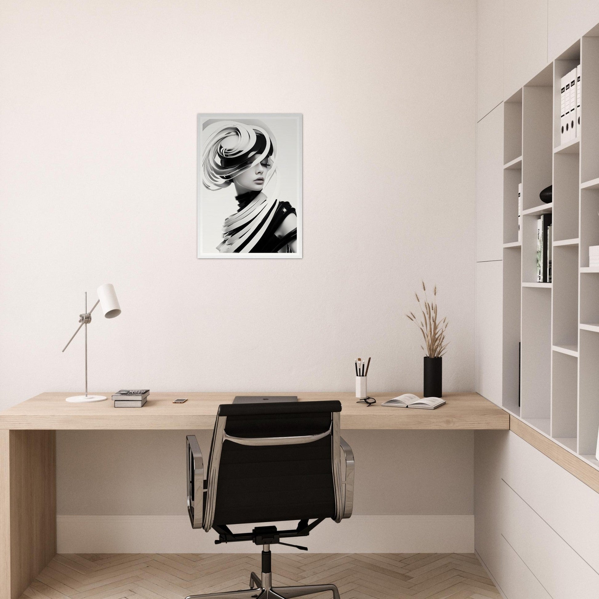 Minimalist home office workspace with a wooden desk, office chair, and wall-mounted shelving unit.