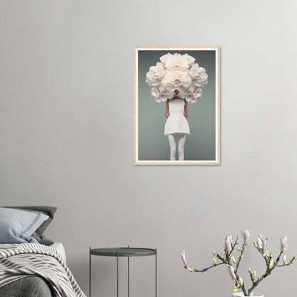 Framed artwork depicting a figure with an enormous white floral headdress obscuring their face.