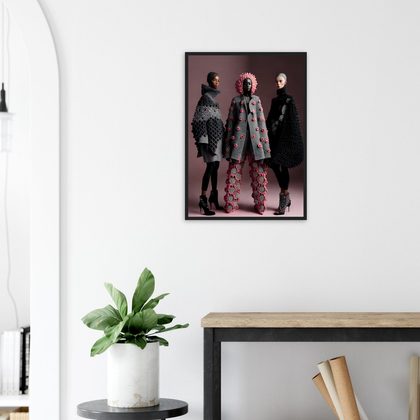 Three models are posing for high-quality Pinks And Greys Crochet Addicts The Oracle Windows™ Collection fashion wall art.