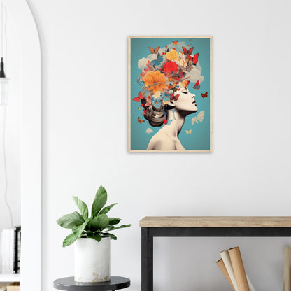 Framed artwork depicting a profile silhouette with colorful butterflies forming an elaborate hairstyle.