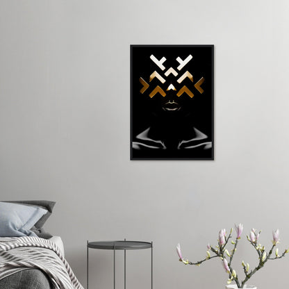 Abstract portrait featuring geometric shapes and gold accents on a dark background.