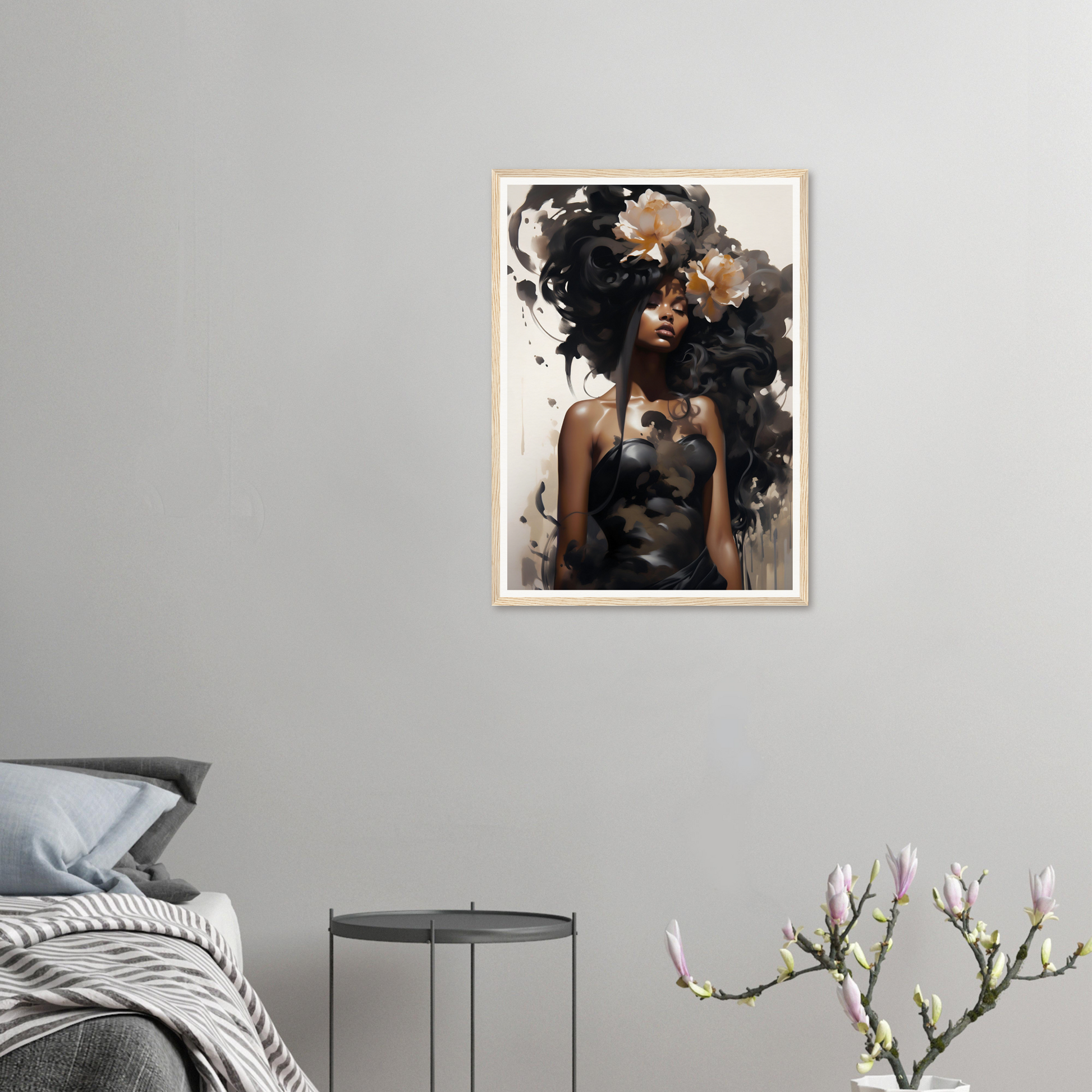 Framed portrait painting of a woman with abstract floral elements in her hair and clothing.