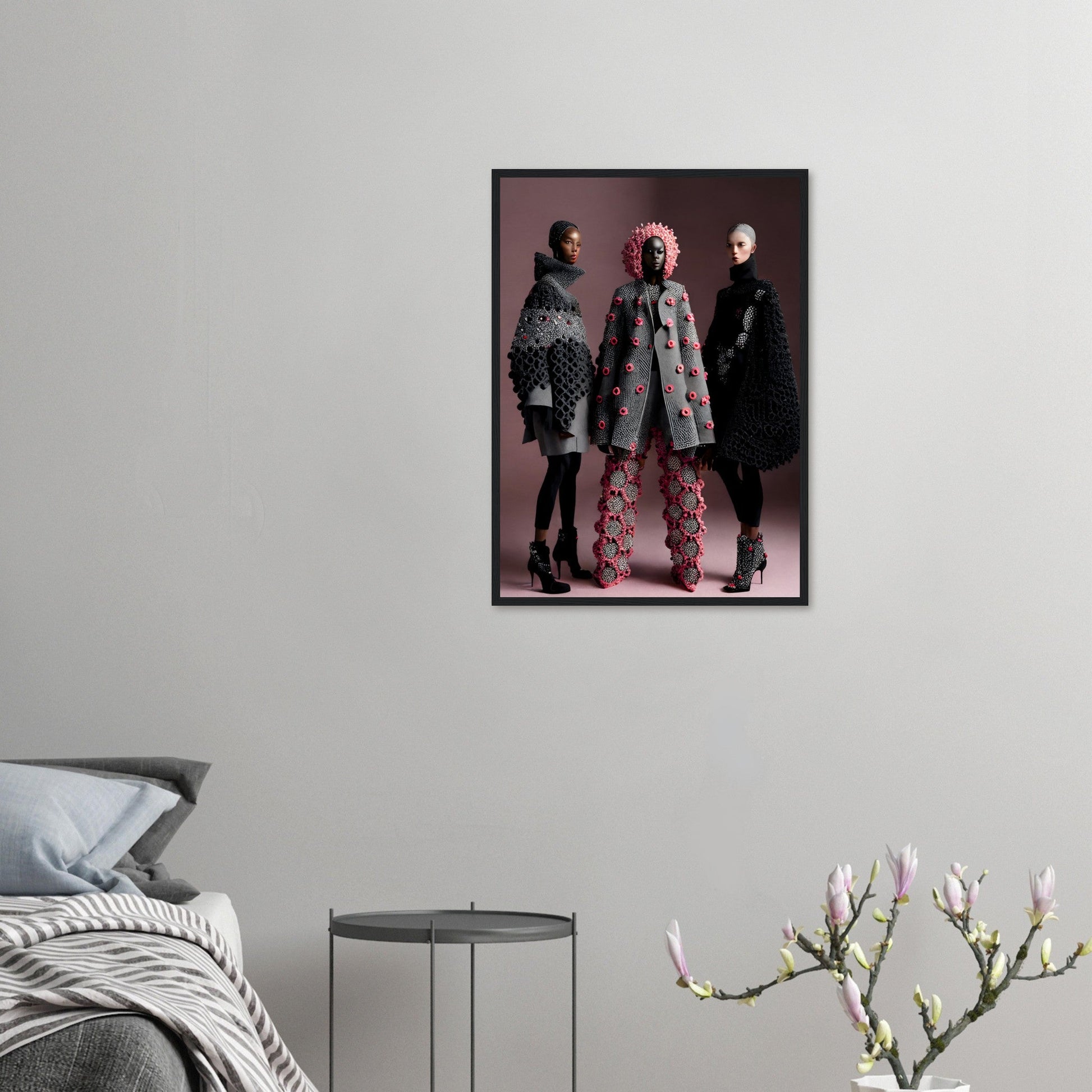 Three models are posing for high-quality Pinks And Greys Crochet Addicts The Oracle Windows™ Collection fashion wall art.