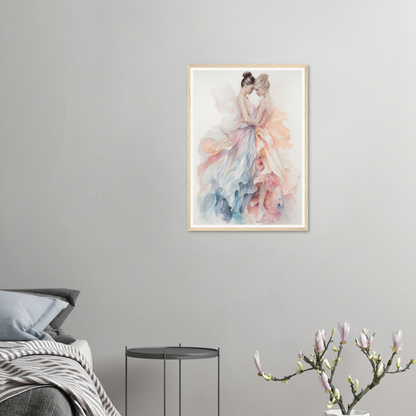 Framed watercolor painting of a graceful figure in a flowing, pastel-colored dress.