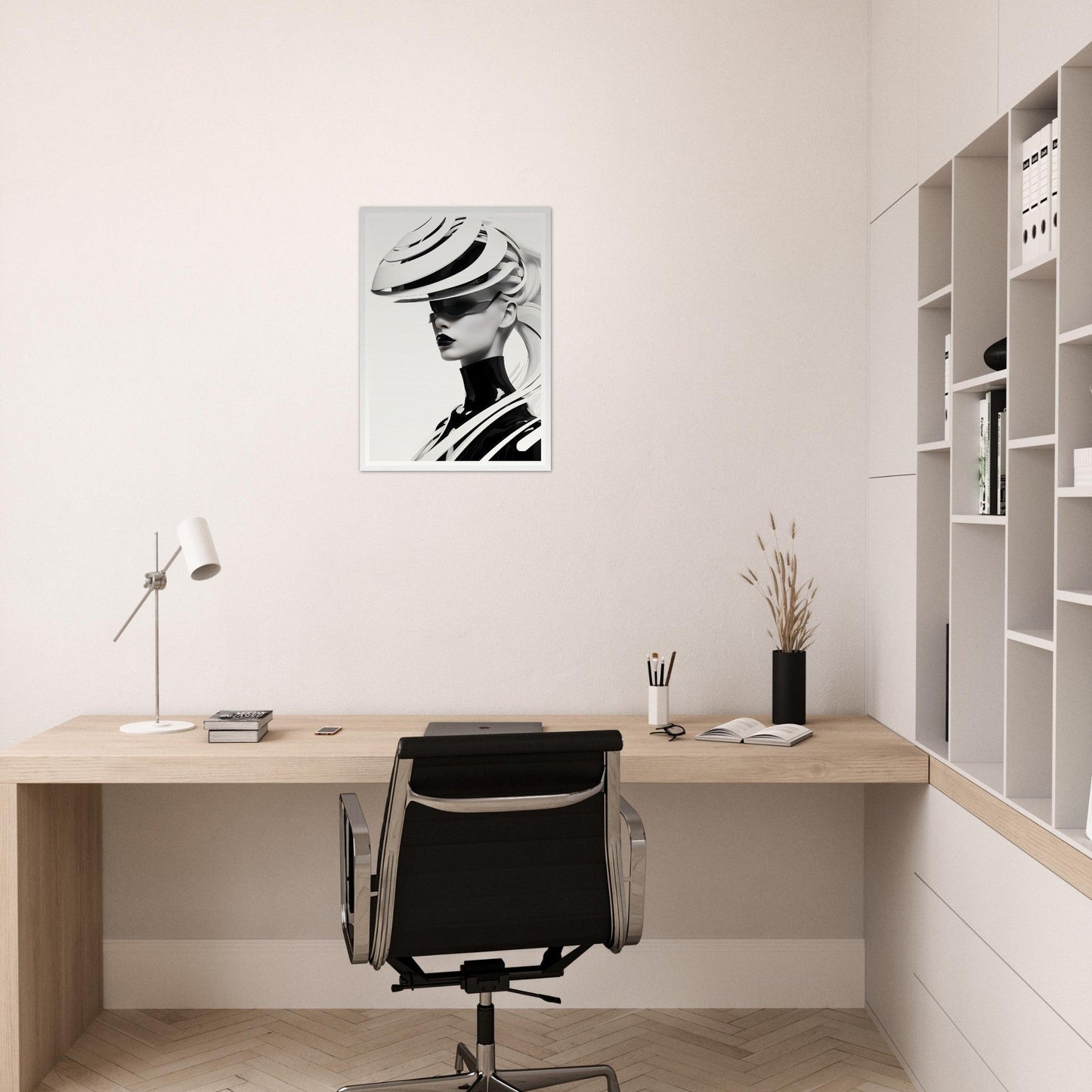 Minimalist home office workspace with a wooden desk, black office chair, and framed artwork on the wall.