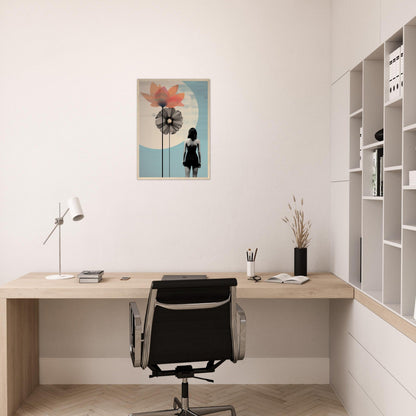 Minimalist home office workspace with a wooden desk, black office chair, and wall-mounted shelving unit.