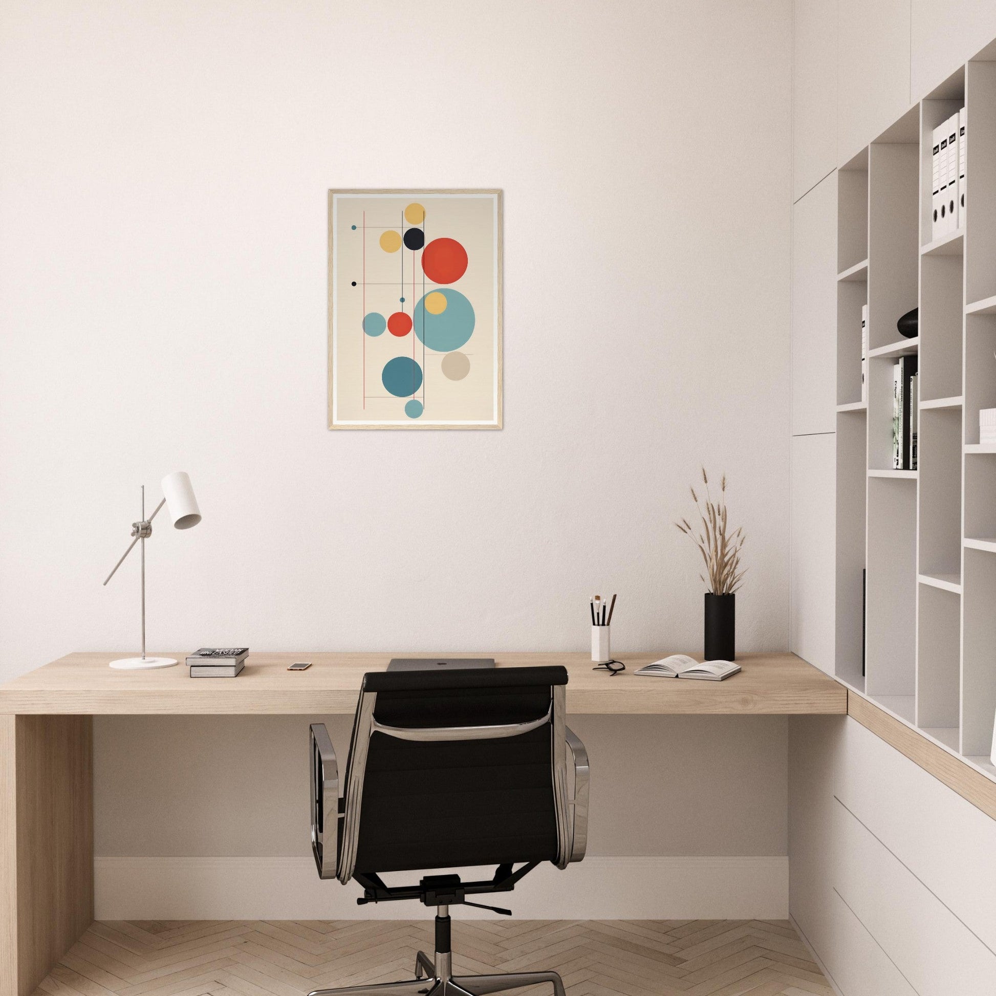 Minimalist wooden desk with a black office chair in a home office setting.