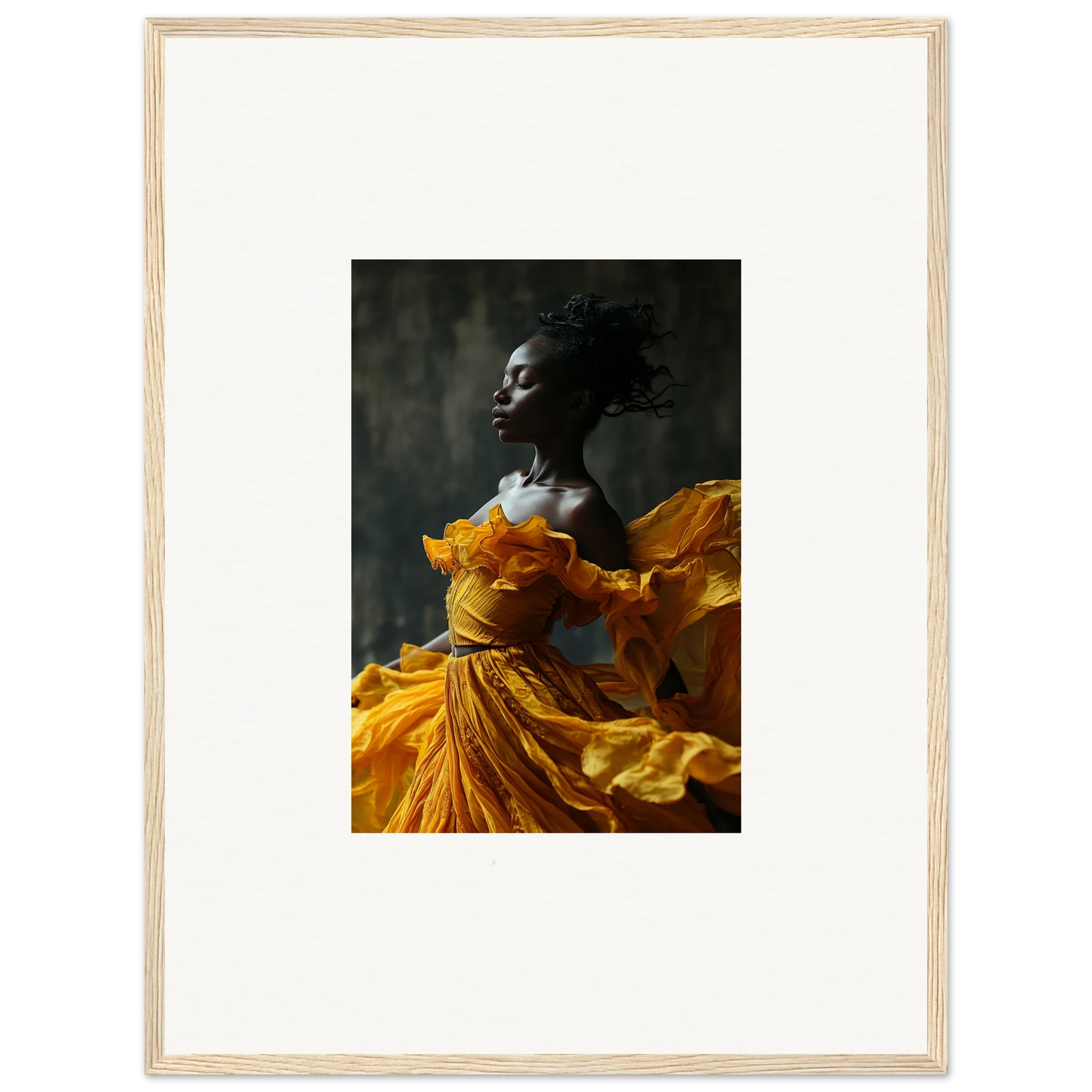 Striking photograph of a person in a yellow dress for sunlit whispers room decor