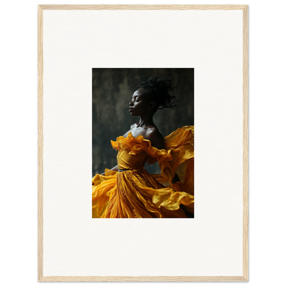 Striking photograph of a person in a yellow dress for sunlit whispers room decor