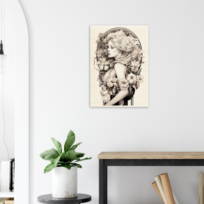 Framed artwork depicting a woman’s profile surrounded by floral elements in a monochromatic style.