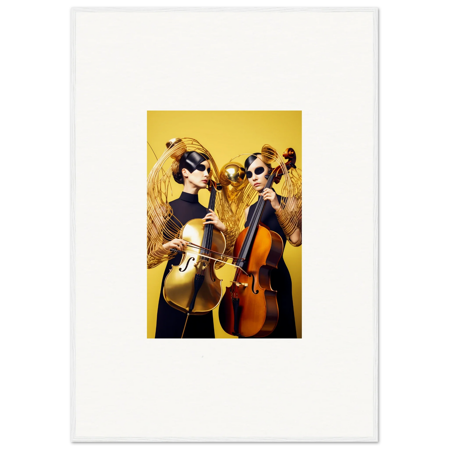 Two musicians with cellos pose for colorful dive illusions wall art against yellow backdrop