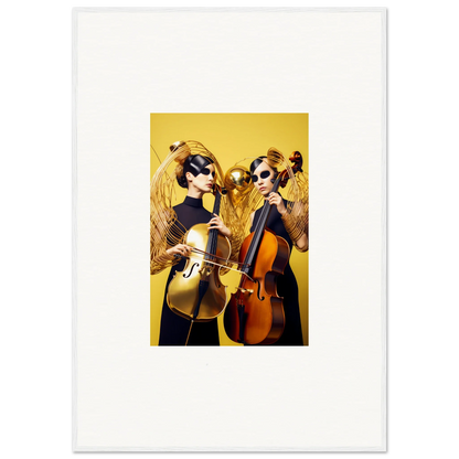 Two musicians with cellos pose for colorful dive illusions wall art against yellow backdrop