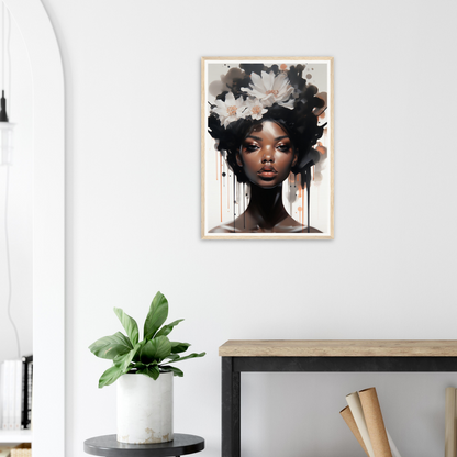 Framed portrait painting featuring a person with flowers and abstract elements in their hair.