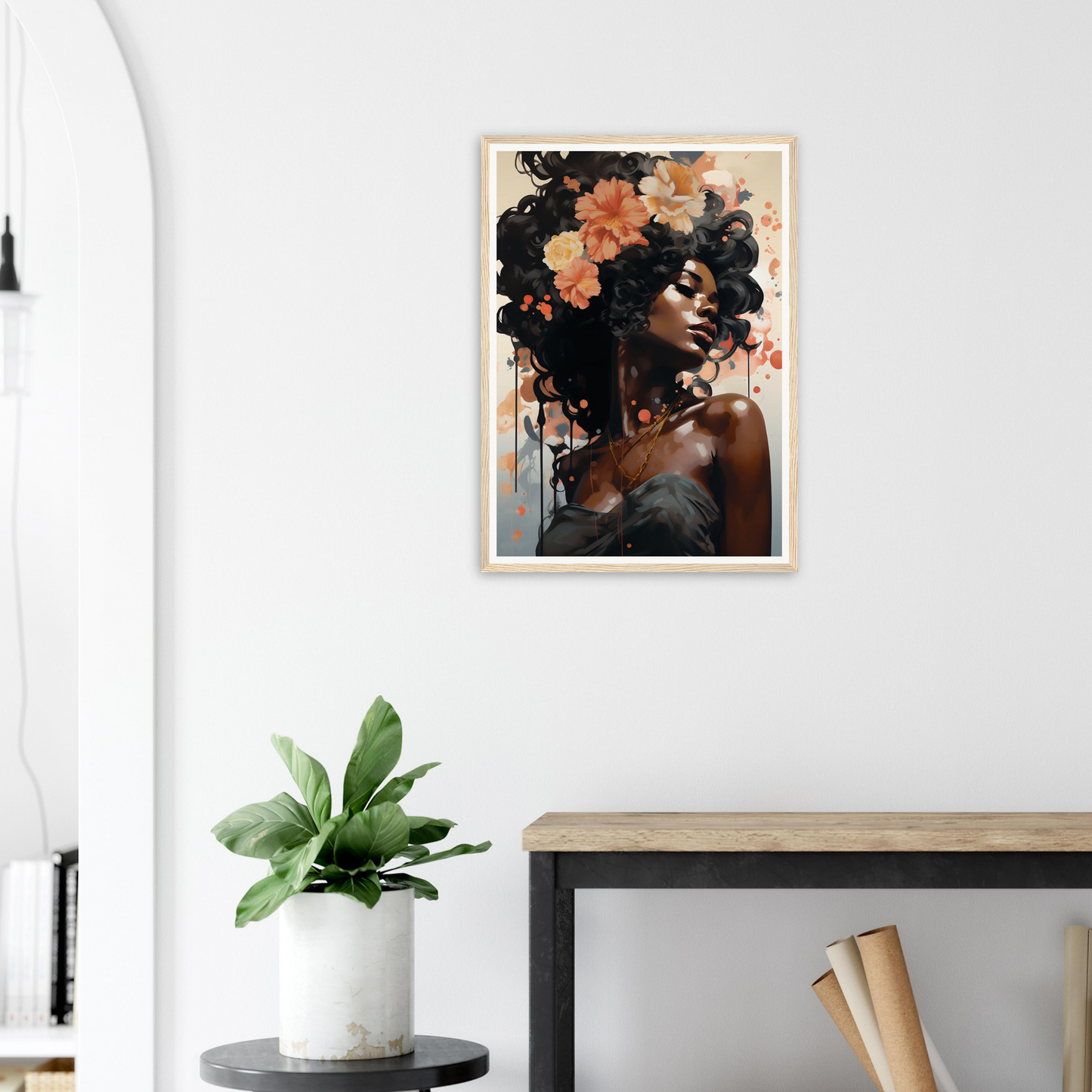 Framed portrait of a woman with flowers and paint-like elements incorporated into her hair and the background.