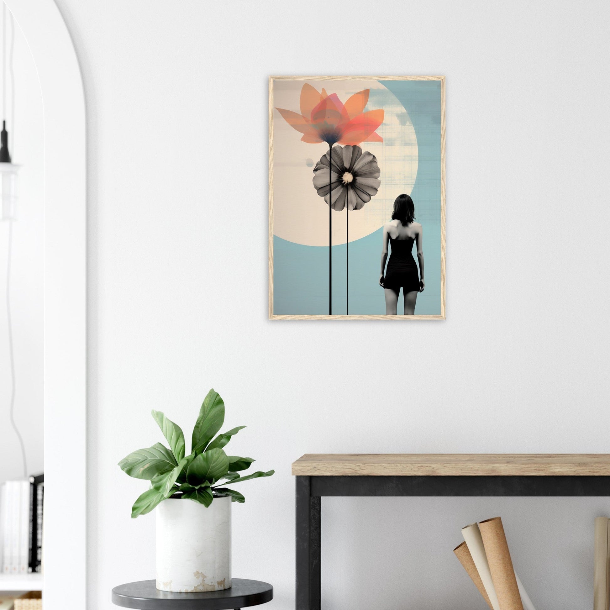 Framed artistic print featuring a silhouette, stylized flowers, and geometric shapes in a minimalist composition.