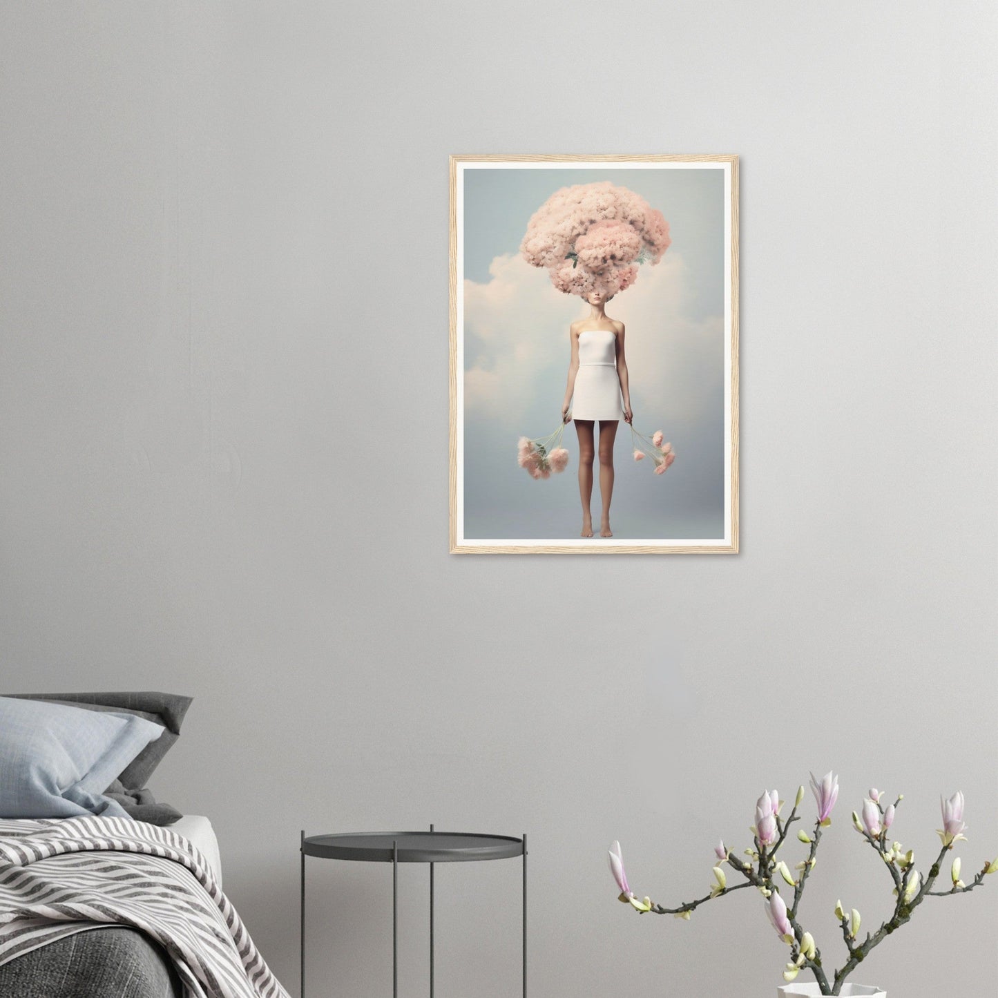 Surreal artwork depicting a figure with a cloud-like pink head wearing a white dress.