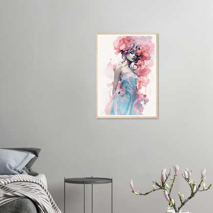 Framed watercolor painting of a woman with flowing hair against a pink background.