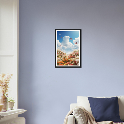 A high quality framed print of Happiness Is Flowers - Museum-Quality Matte Paper Wooden Framed Poster from The Oracle Windows™ Collection with butterflies in the sky, perfect for fashion wall art enthusiasts.