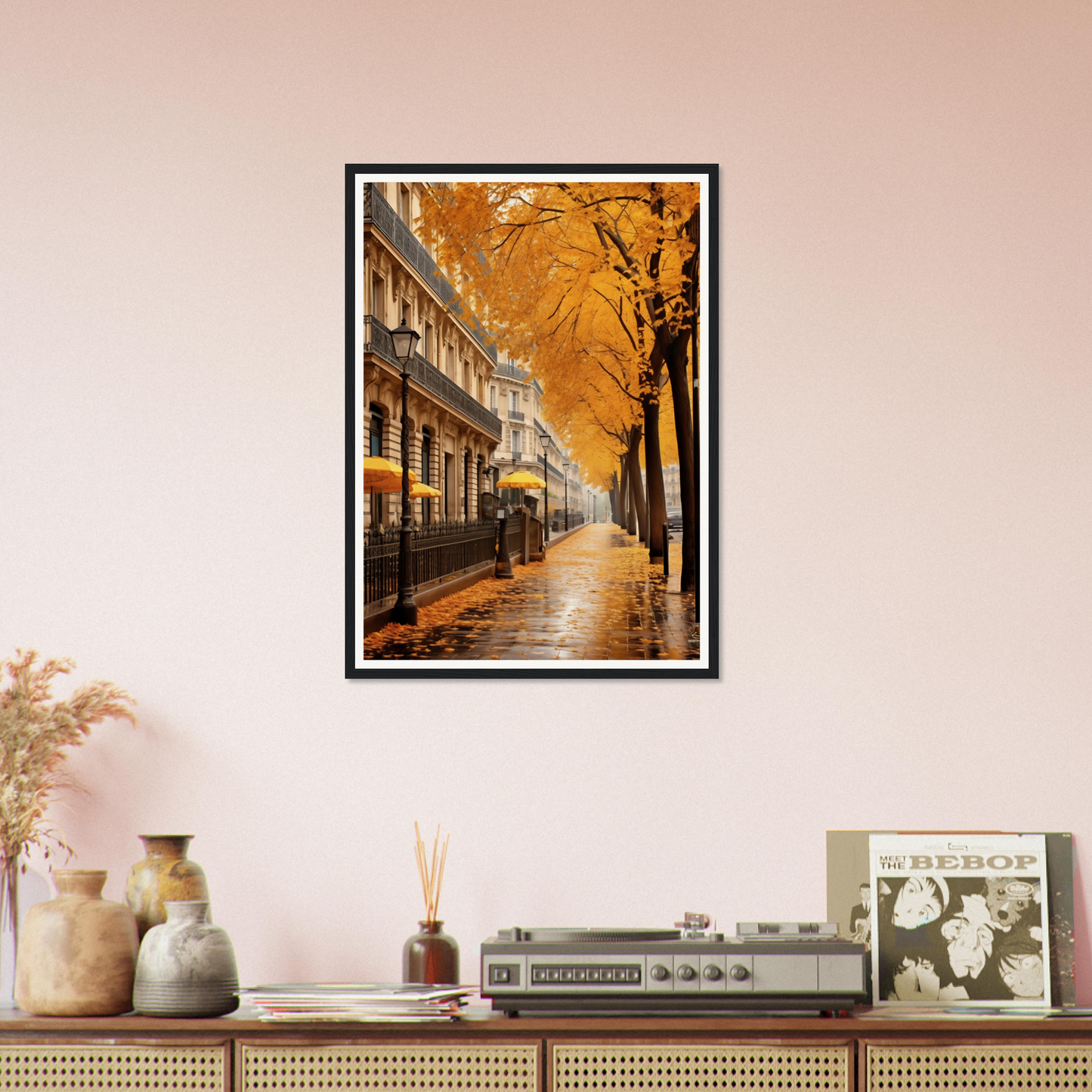 A picture of a city street with a yellow umbrella