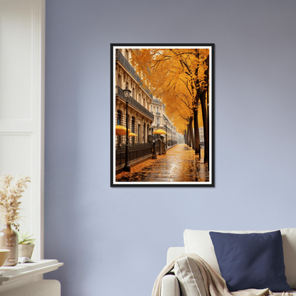 A picture of a city street with a yellow tree