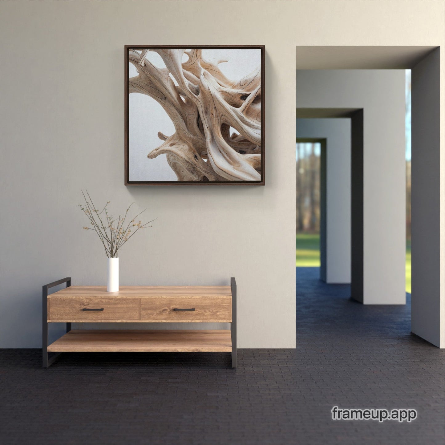 The living room has a Driftwood dance - XXL Framed Traditional Stretched Canvas on the wall.