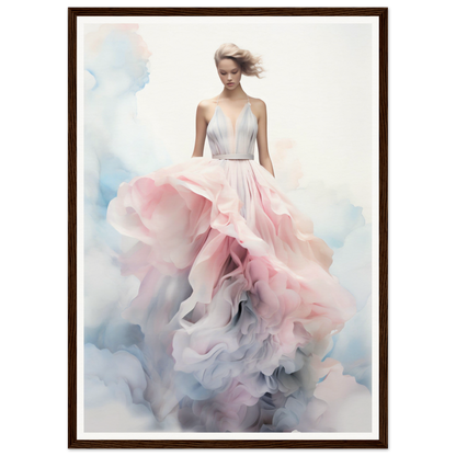 Woman wearing an ethereal pink and white flowing gown with a voluminous, cloud-like skirt.