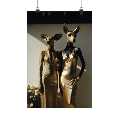 Two mannequins with deer heads wearing elegant gold dresses.