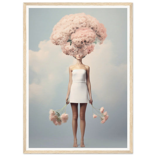 Surreal figure with a cloud-like pink cotton candy hairstyle wearing a white mini dress.