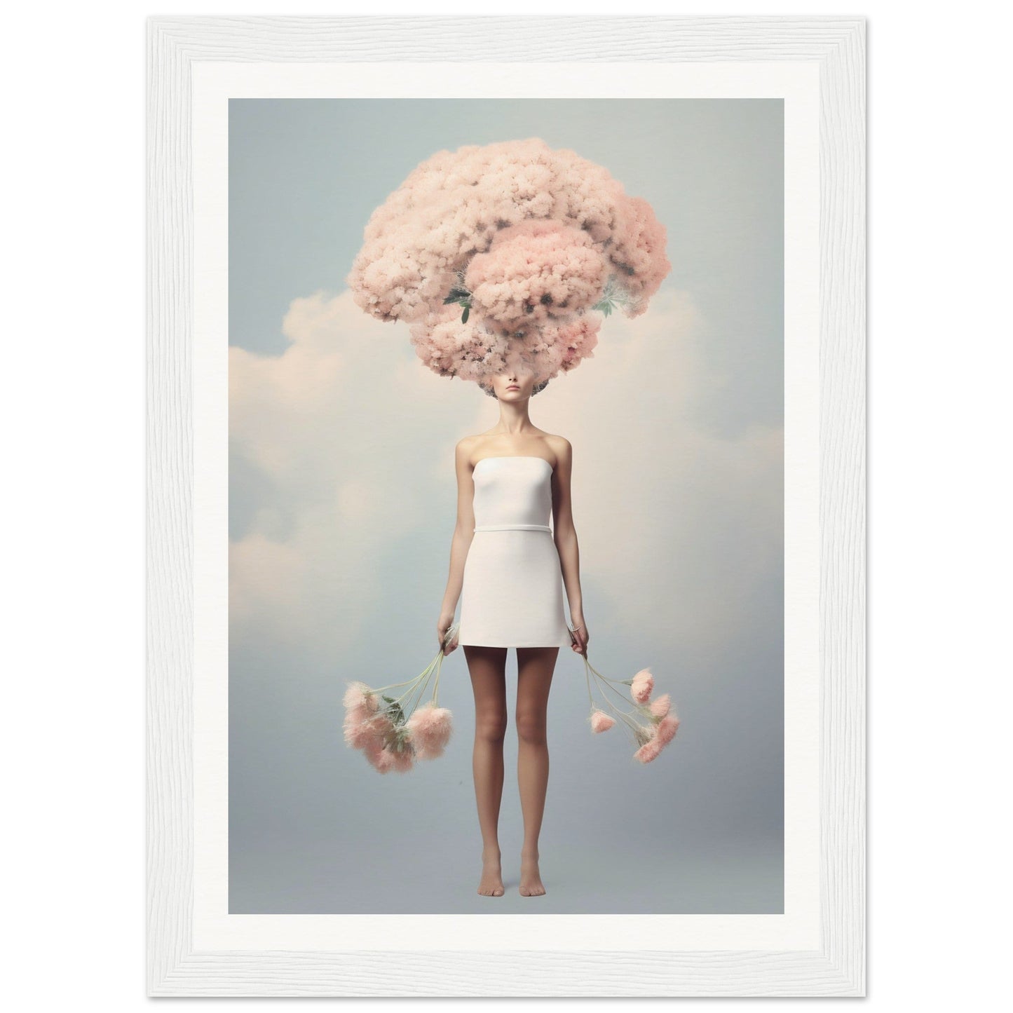 Surreal figure with a cloud-like pink cotton candy mass for a head, wearing a short white dress.