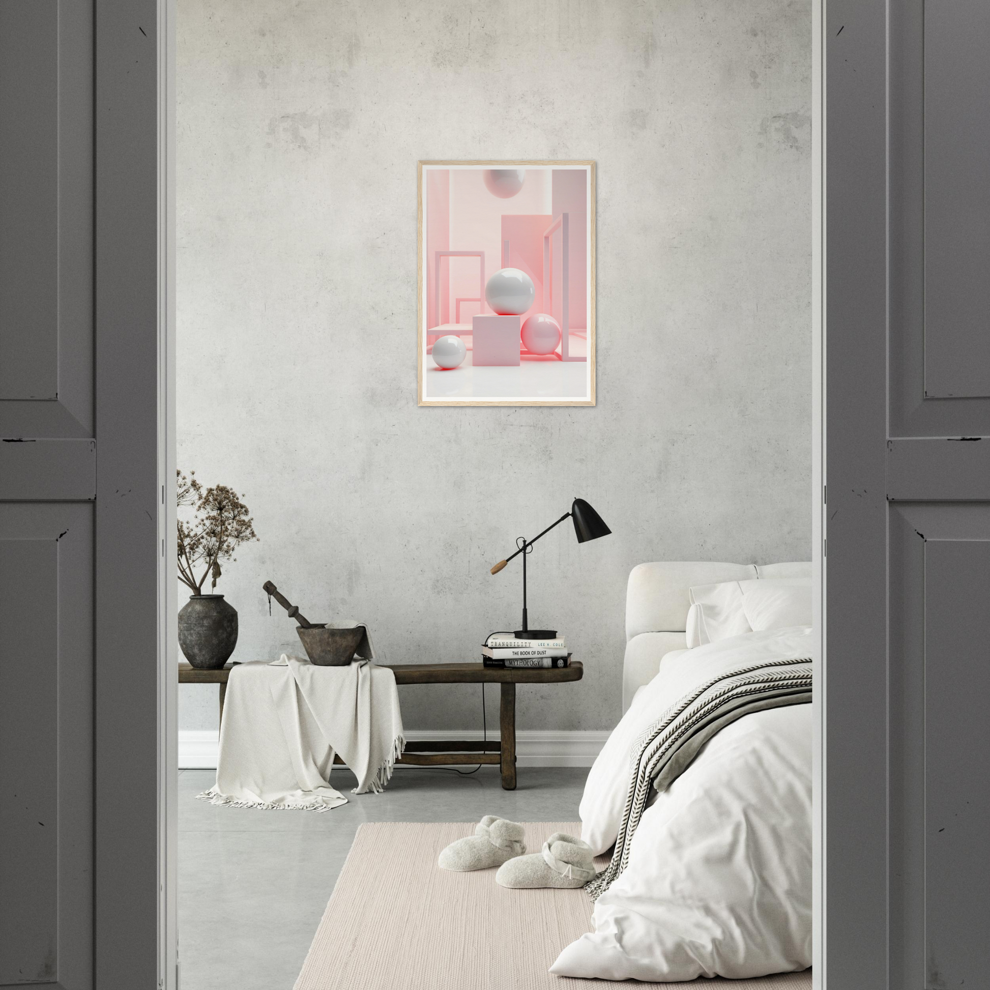 A pink abstract painting in a bedroom